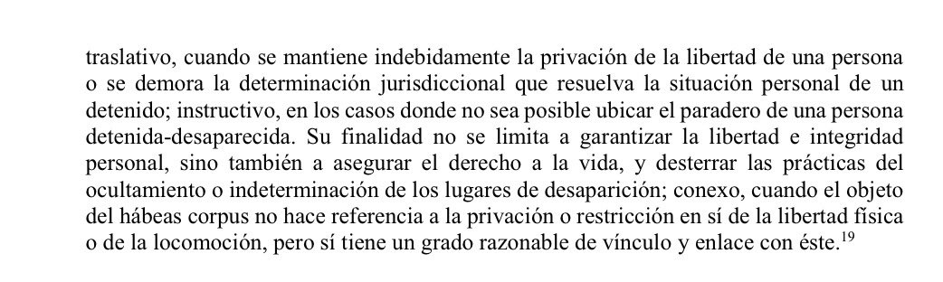 🔵Tipos de hábeas corpus 

1️⃣Restaurativo: cuando se promueve para obtener la reposición de la libertad de una persona indebidamente detenida. 

2️⃣Restringido: en los casos donde la libertad física o de locomoción es objeto de molestias, obstáculos, perturbaciones o incomodidades