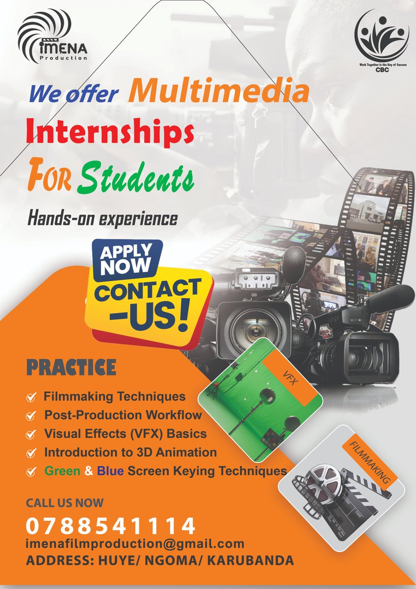 🎬 Calling all multimedia students!
Join our internship program at Imena Film Academy &amp; Production!
✅ Green Screen
✅ 3D Animation
✅ Filmmaking

<a href="/HuyeDistrict/">Huye District</a> <a href="/RwandaSouth/">Southern Province | Rwanda</a> <a href="/PSF_Rwanda/">PSF Rwanda</a> <a href="/RTB_Rwanda/">Rwanda TVET Board</a> <a href="/RdaFilmFed/">Rwandafilmfederation</a> <a href="/RDBrwanda/">Rwanda Development Board</a> 
Contact us for more info

#Internship #FilmMaking #Rwanda