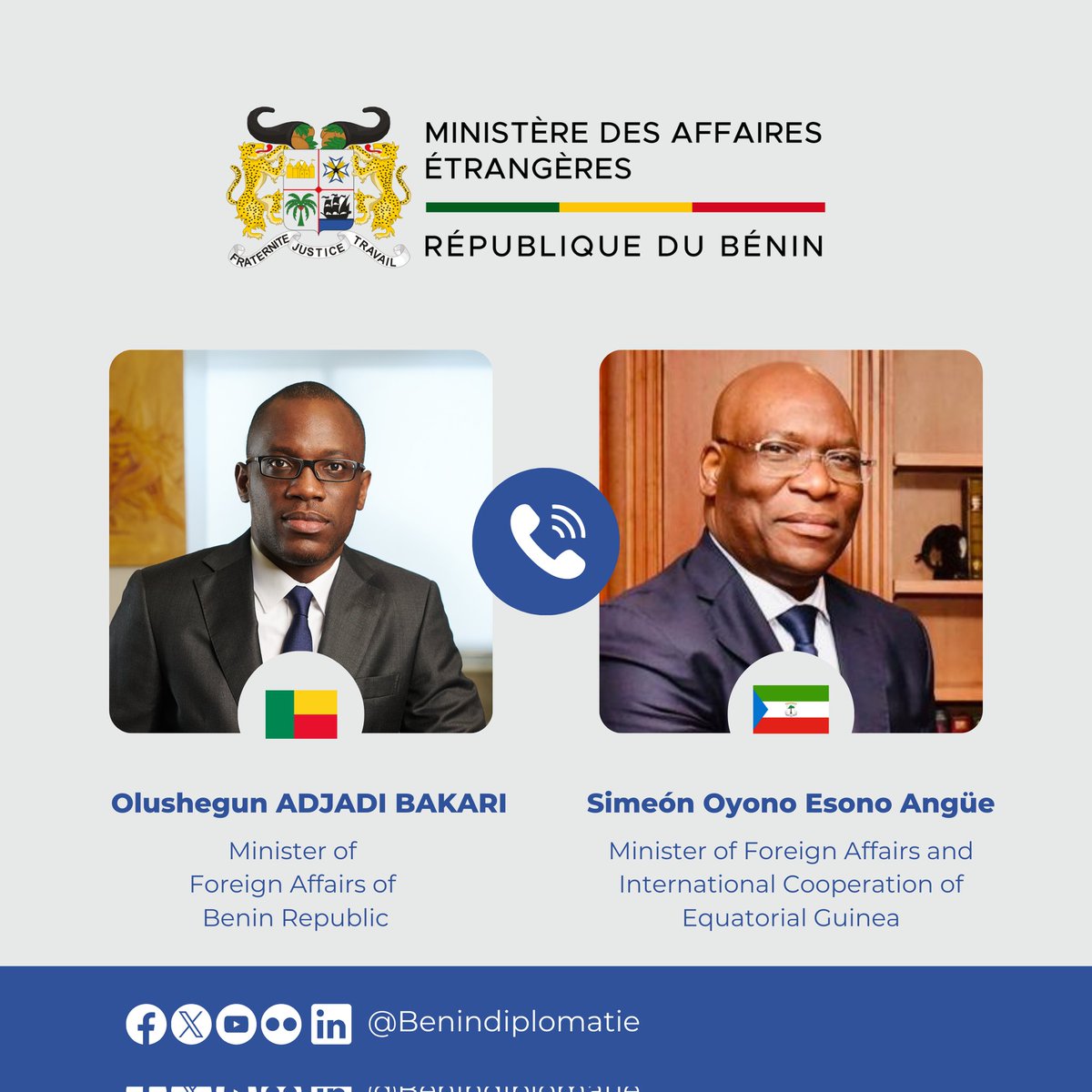 Benin Diplomacy (@benindiplomacy) on Twitter photo 🇧🇯🇬🇶 #BilateralRelations | The Minister of Foreign Affairs, <a href="/shegunbakari/">Olushegun ADJADI BAKARI</a>, met today with his Equatorial Guinean counterpart, <a href="/AngueSimeon/">Simeón Oyono Esono Angue</a>.
At the heart of the discussions: the common desire to strengthen bilateral relations between Benin and Equatorial Guinea.
The two ministers 🇧🇯🇬🇶 #BilateralRelations | The Minister of Foreign Affairs, <a href="/shegunbakari/">Olushegun ADJADI BAKARI</a>, met today with his Equatorial Guinean counterpart, <a href="/AngueSimeon/">Simeón Oyono Esono Angue</a>.
At the heart of the discussions: the common desire to strengthen bilateral relations between Benin and Equatorial Guinea.
The two ministers