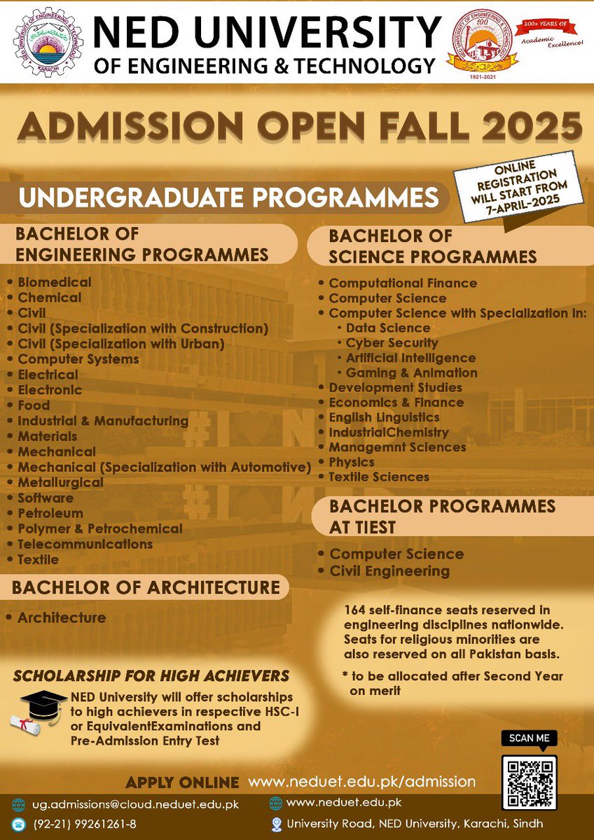 Admissions Open for Fall 2025! Brace yourself for the new horizons. 

#NED #Admissions2025 #Fall2025