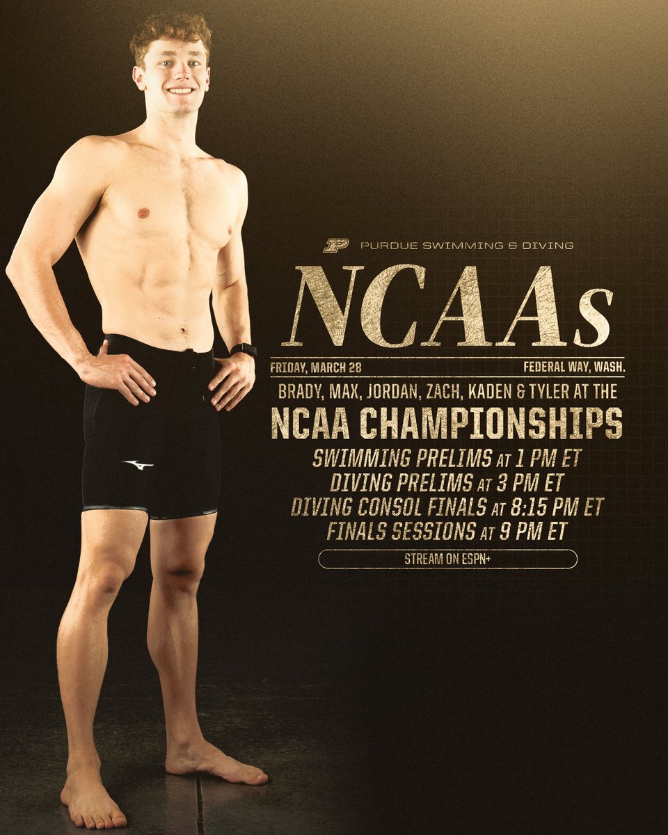 Purdue Men's Swimming & Diving (@purduemswimdive) on Twitter photo It's an all-in Friday as all 6โฃ #Boilermakers compete at NCAAs. Brady races in his premier event (100 Fly) & ๐๏ธ <a href="/PurdueDivers/">Purdue Diving</a> are among the 3M field. #BoilerUp
โฑ๏ธ Live Results: boile.rs/SwimNCAA25
๐ข Diving Scores: boile.rs/MNCAAs25
๐บ ESPN+: boile.rs/ESPNpSD It's an all-in Friday as all 6โฃ #Boilermakers compete at NCAAs. Brady races in his premier event (100 Fly) & ๐๏ธ <a href="/PurdueDivers/">Purdue Diving</a> are among the 3M field. #BoilerUp
โฑ๏ธ Live Results: boile.rs/SwimNCAA25
๐ข Diving Scores: boile.rs/MNCAAs25
๐บ ESPN+: boile.rs/ESPNpSD