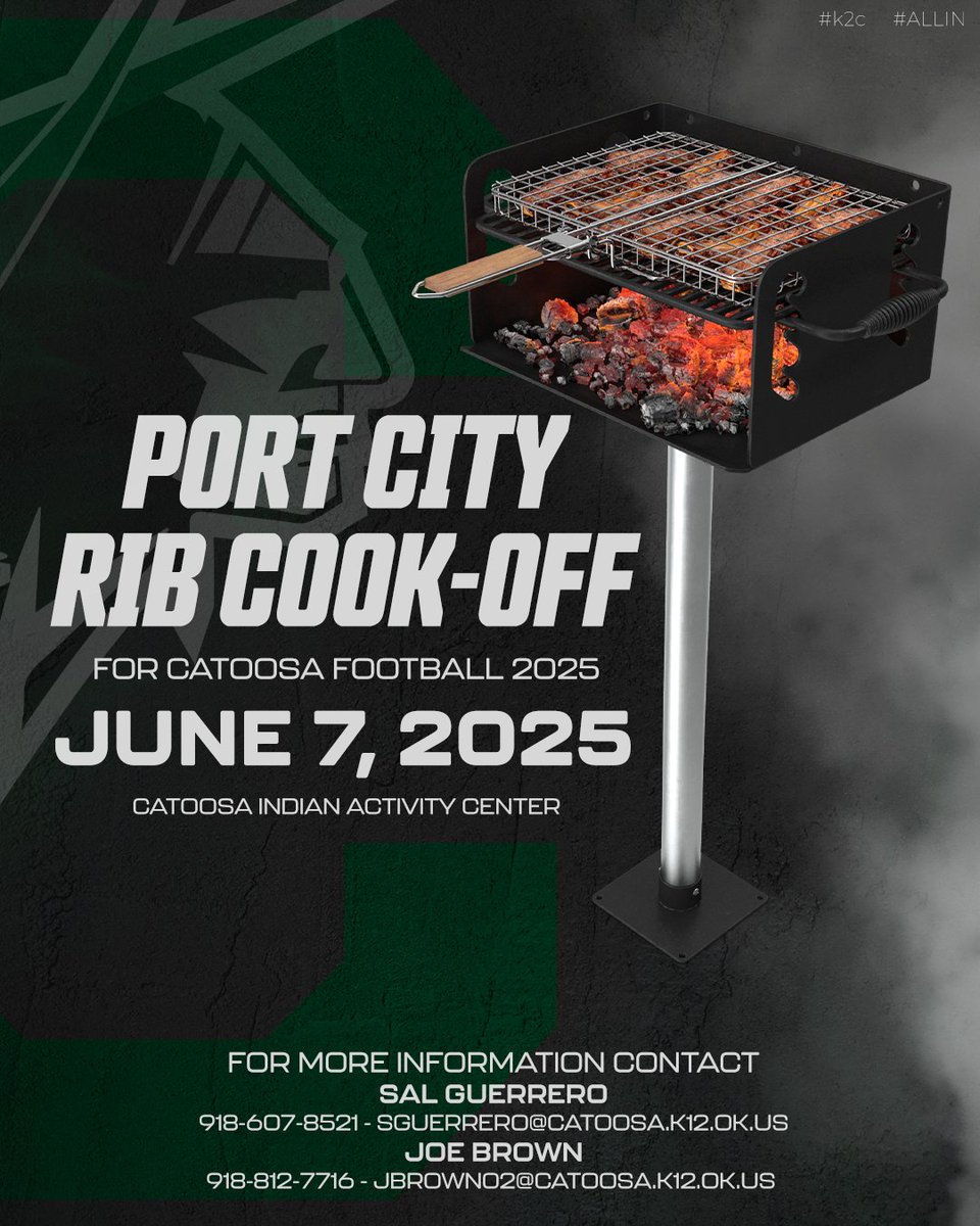 CatoosaFootball's tweet photo. Catoosa Football is excited to announce that this year they will play host to the first ever Port City Steak Cookoff!! Teams from across the nation will make there way to Catoosa to Compete in the RIb/Steak Cook off! 

See info below for sponsorship! https://t.co/ENFXMlXgBb