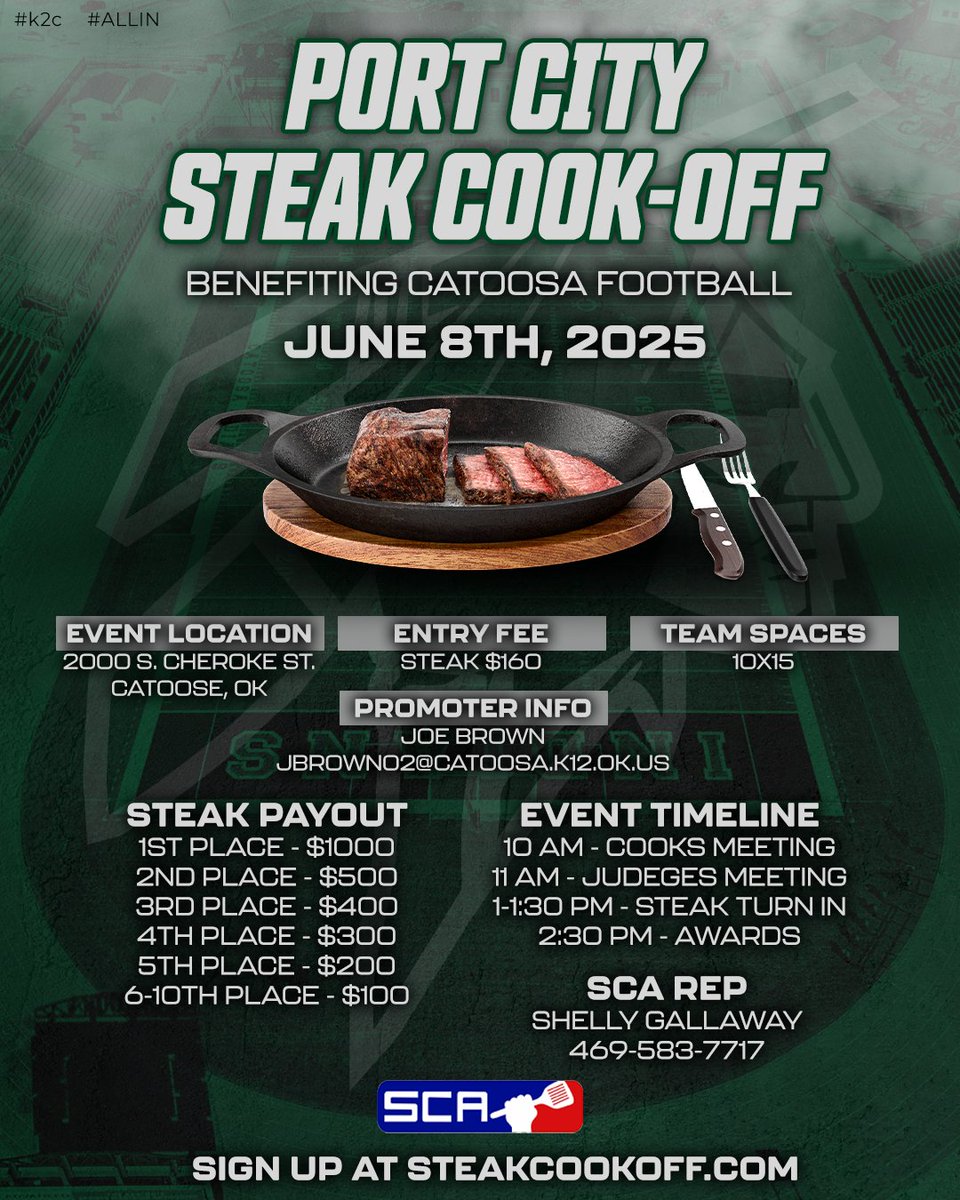 Catoosa Football is excited to announce that this year they will play host to the first ever Port City Steak Cookoff!! Teams from across the nation will make there way to Catoosa to Compete in the RIb/Steak Cook off! 

See info below for sponsorship!