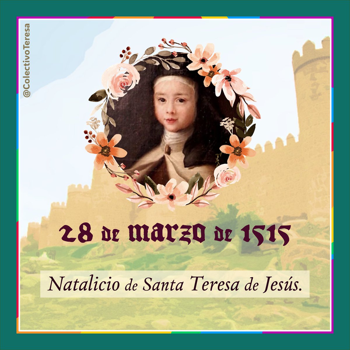 ColectivoTeresa's tweet photo. 🟣 Un día como hoy, pero de 1515, nace Teresa de Cepeda y Ahumada, mujer fuerte que nos inspira y de quien nos honra llevar su nombre. Teresa, 510 años incendiando corazones 🔴
.
.
.

💜  #ColectivoTeresa #HazloALoTeresa
#InTERESArte #InTERESAnte #CreyentesLGBT🏳️‍🌈 https://t.co/tGAnLHfNiy