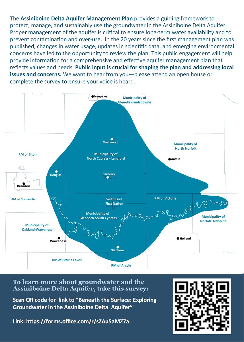 CAWDistrict's tweet photo. Join us April 10 from 5:30 - 8:30 in Glenboro at the Hall to have your opinion heard on the management of the Assiniboine Delta Aquifer. https://t.co/tzSs3jH19u