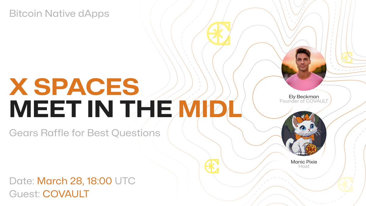 Meet in the MIDL X Spaces: 2nd Episode Airing Today 🔈

Community, our Friday talk sessions continue. Today, we’re catching up with <a href="/COVAULTxyz/">Covault Intelligence</a> and it’s Founder, Ely Beckman. Same time, same place: March 28th, 18:00. Hosted by already not-so-secret <a href="/midladyyy/">Manic Pixie</a> &amp; <a href="/midl_xyz/">Midl</a>. 

Gears