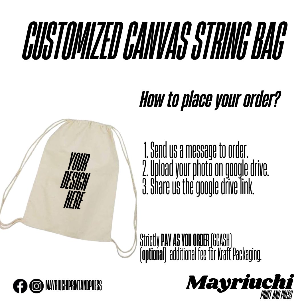 MayMerchShop's tweet photo. Customized Canvas String Bag

₱65 — (Small) 10in x 12in
₱70 — (Medium) 12in x 14in 
₱75 — (Large) 14in x 16in 

A4 print size
Sublimation
10pcs minimum order

Item price + SF + PF

📍Guiguinto, Bulacan
MOP: PAYO via Gcash
MOD: J&amp;T / Lalamove 

📩 send dm to order https://t.co/KSScqHfvO4