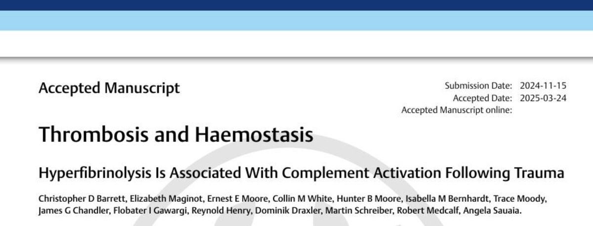 Elizabeth Maginot, MD (@e_magination95) on Twitter photo 🧬 New from <a href="/ChrisBarrettMD/">Christopher Barrett M.D.</a> Lab 🧬
Hyperfibrinolysis promotes complement activation after trauma. Could targeting complement have potential to improve trauma survival?? Read more: pubmed.ncbi.nlm.nih.gov/40132980/ 🧬 New from <a href="/ChrisBarrettMD/">Christopher Barrett M.D.</a> Lab 🧬
Hyperfibrinolysis promotes complement activation after trauma. Could targeting complement have potential to improve trauma survival?? Read more: pubmed.ncbi.nlm.nih.gov/40132980/