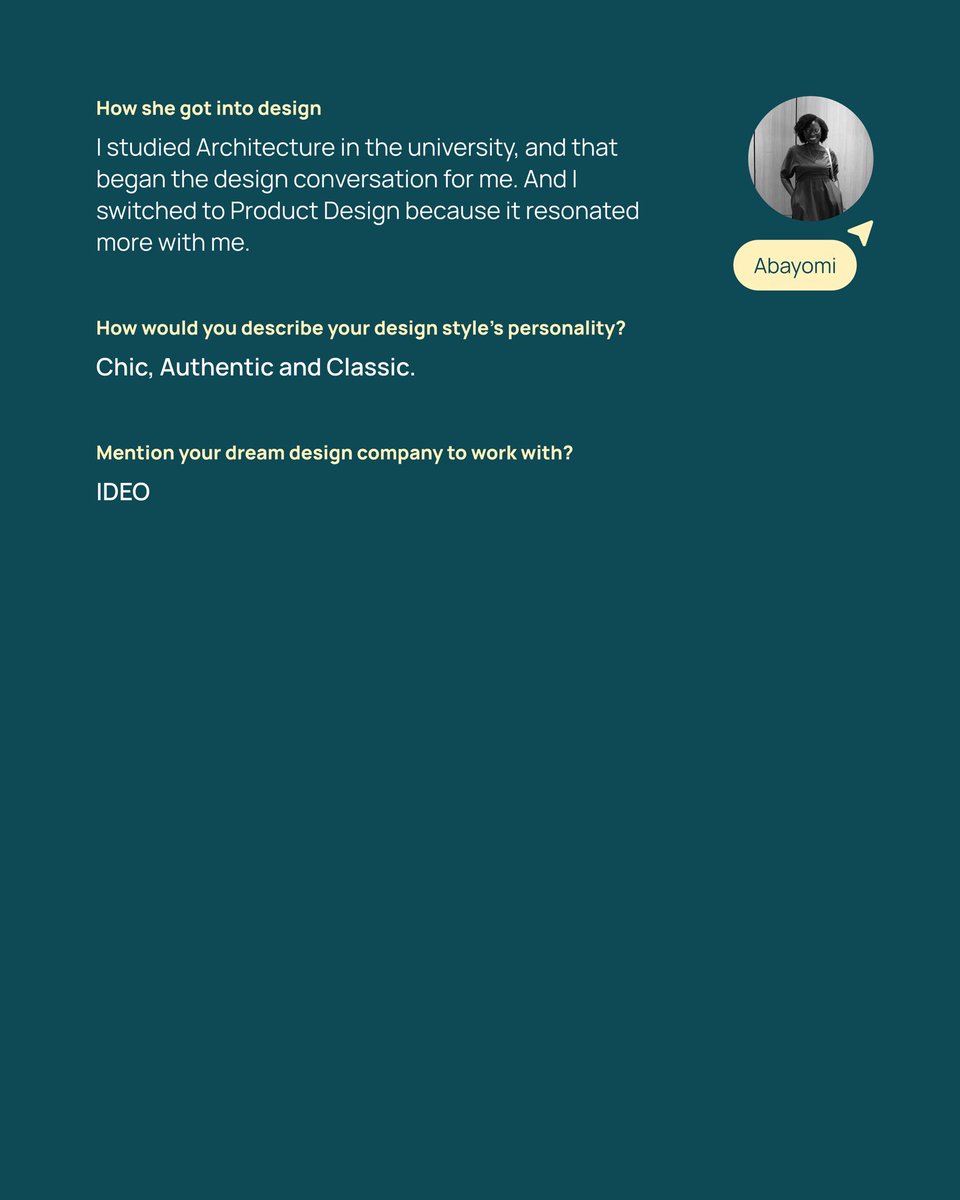 Designchics's tweet photo. Next up on our IWD Spotlight: Meet Ayobami!
Ayobami’s journey into design started in architecture, but along the way, she found a new passion, product design.
Swipe to see more.
#AccelerateAction #IWDMonth #WomensHistoryMonth #DesignChicsSpotlight #DesignChics https://t.co/mX4AkLl2L2