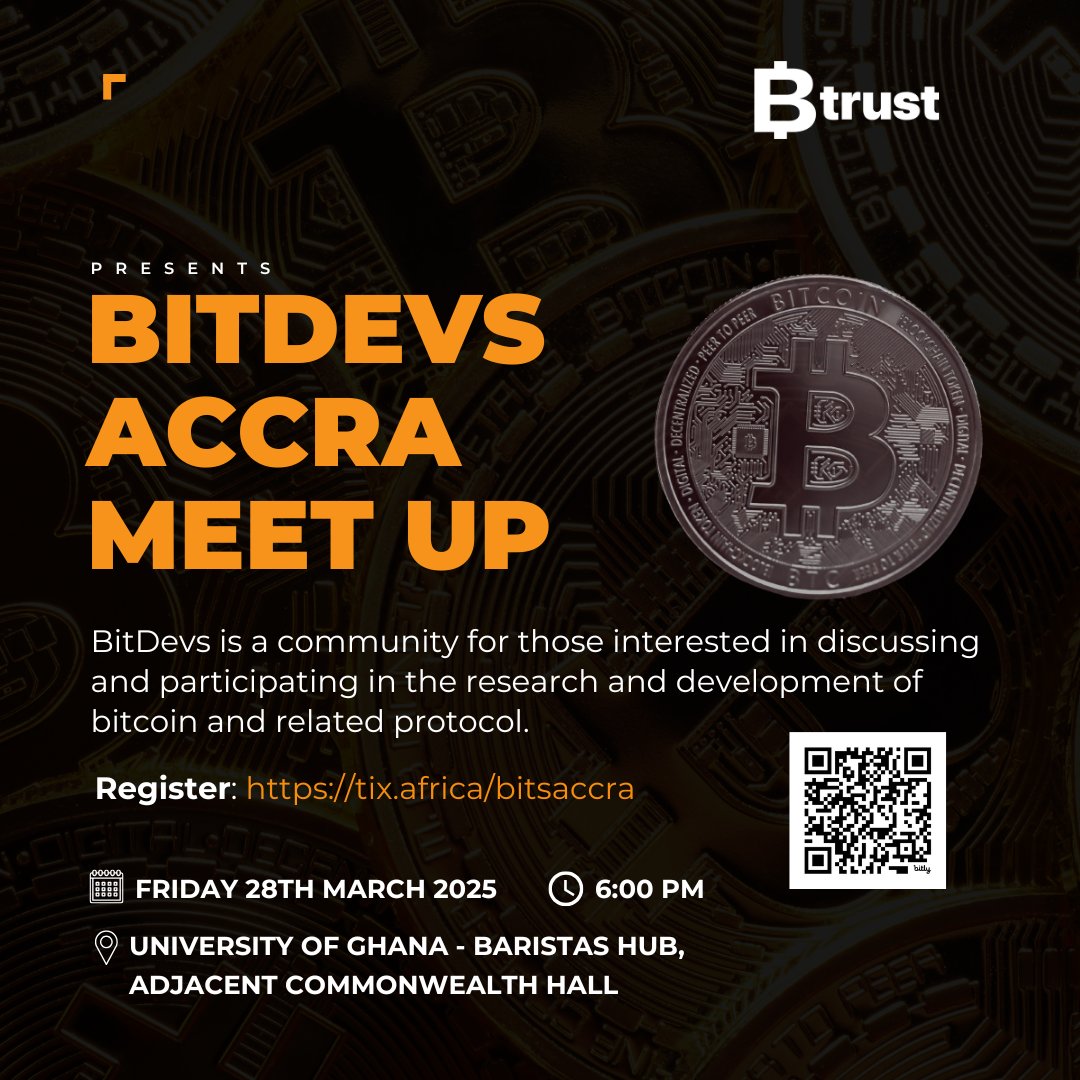 Bitcoin Developers Accra (@bitdevsaccra) on Twitter photo Hey everyone!
Just a quick reminder about our meetup coming up *Today*!
📅 Date: 28th March, 2025.
⏰ Time: 6:00 pm.
📍 Location: Legon Campus, Commonwealth Hall
🎯 Purpose: Trending Innovations in Bitcoin.
It’s gonna be fun, full of vibes and good times 🎉✨🥳. Hey everyone!
Just a quick reminder about our meetup coming up *Today*!
📅 Date: 28th March, 2025.
⏰ Time: 6:00 pm.
📍 Location: Legon Campus, Commonwealth Hall
🎯 Purpose: Trending Innovations in Bitcoin.
It’s gonna be fun, full of vibes and good times 🎉✨🥳.