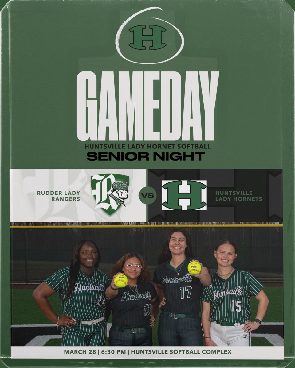 SENIOR NIGHT!

🆚 Bryan Rudder Rangers
⏰ JV: 5:00 PM / V: 6:30 PM
📍   Huntsville Softball Complex
📺 youtube.com/watch?v=uCUMJl…
🎟️ hornetnation.info/HTtickets
