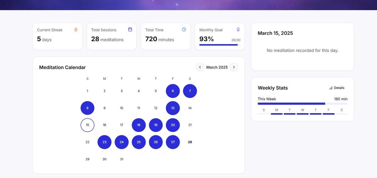 jasper_gwyn's tweet photo. Hey community, i'm building an app for async group meditation—helping people connect even when apart.

I have a calendar that shows all days you meditated, but looks horrible. I'm using lovable+cursor. But they are not nailing it. Any suggestions? https://t.co/RJHm2eR6E7