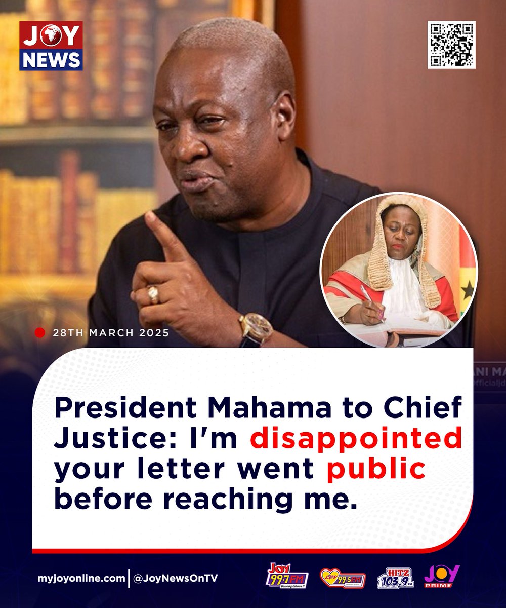 President <a href="/JDMahama/">John Dramani Mahama</a> to Chief Justice: I'm Disappointed your letter went public before reaching me.

#JoyNews