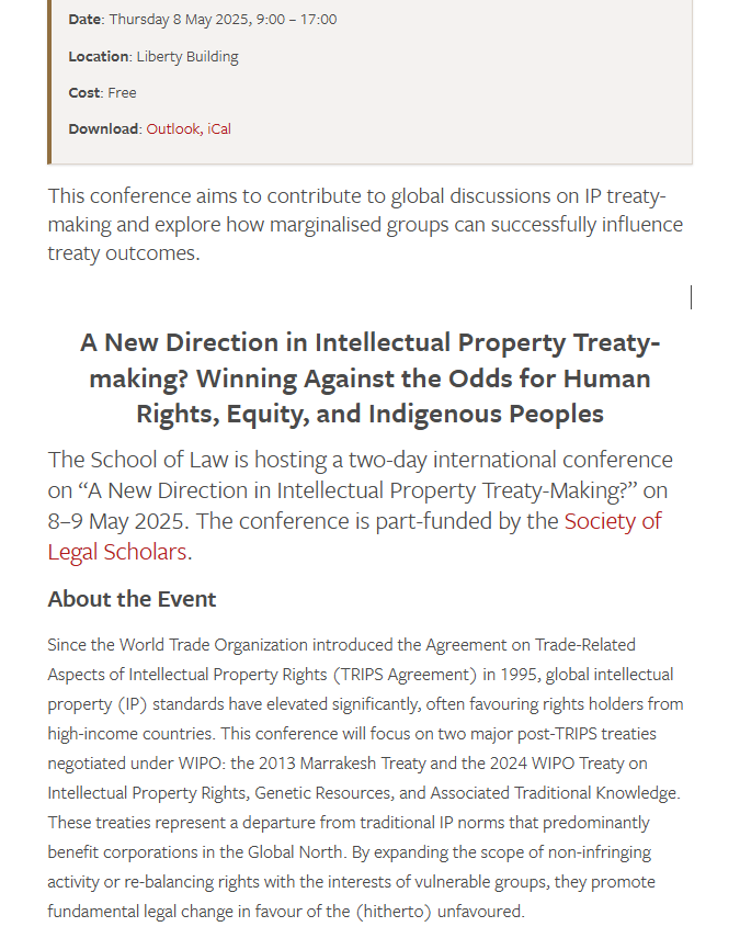 ISzpotakowski's tweet photo. A programme of a two-day international conference on 'A New Direction in Intellectual Property Treaty-Making?' hosted by @Law_Leeds on 8–9 May 2025 is now available online. The conference is part-funded by the SLS. Link below 👇 https://t.co/dLxaLX3Xvl