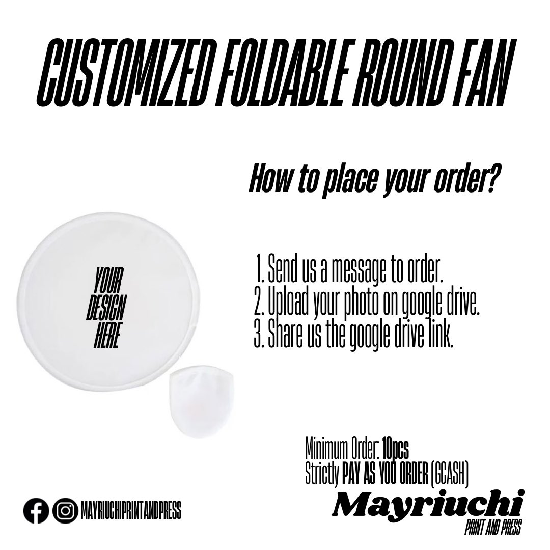 MayMerchShop's tweet photo. Customized Foldable Round Fan

₱30 each white foldable fan

Sublimation
10pcs minimum order

Item price + SF + PF

📍Guiguinto, Bulacan
MOP: PAYO via Gcash
MOD: J&amp;T / Lalamove 

📩 send dm to order https://t.co/3kyHmme859