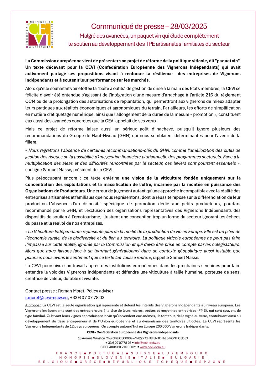 Masse Samuel (@massesamuel1) on Twitter photo 🚨New #wine package presented by the <a href="/EU_Commission/">European Commission</a> today.
Some progress, yes. But a one-size-fits-all vision of winegrowing that overlooks support for the small, family-run and artisanal businesses we represent.
Our reaction: urlr.me/qecN5Z
#IndependentWinegrowers 🚨New #wine package presented by the <a href="/EU_Commission/">European Commission</a> today.
Some progress, yes. But a one-size-fits-all vision of winegrowing that overlooks support for the small, family-run and artisanal businesses we represent.
Our reaction: urlr.me/qecN5Z
#IndependentWinegrowers