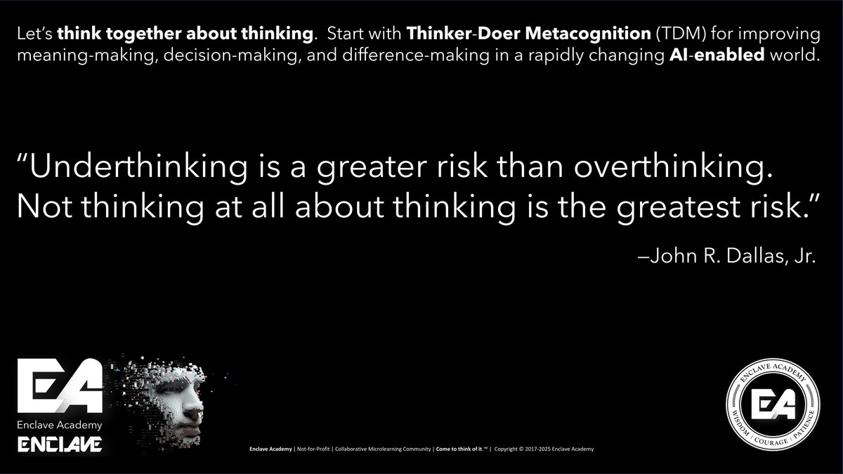 JohnRDallasJr's tweet image. Crista, mulling invites disciplined metacognition. To be constructive—and sometimes favorably disruptive—think beyond your thinking, “Meta” instead of mull your thinking. Layer it. #System2Thinking can hurt a tad. Keep at it. You’re metathinking through thinking’s higher stages.