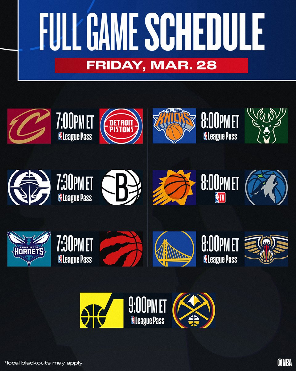 NBA's tweet photo. 7-GAME FRIDAY NIGHT SLATE! 

◾️ Cavs go for 60 wins
◾️ #3 Knicks vs. #6 Bucks
◾️ PHX/MIN playoff rematch 

📺 NBA TV &amp; NBA League Pass
📲 https://t.co/sihcMEGqB1 https://t.co/84G6ZwonkX