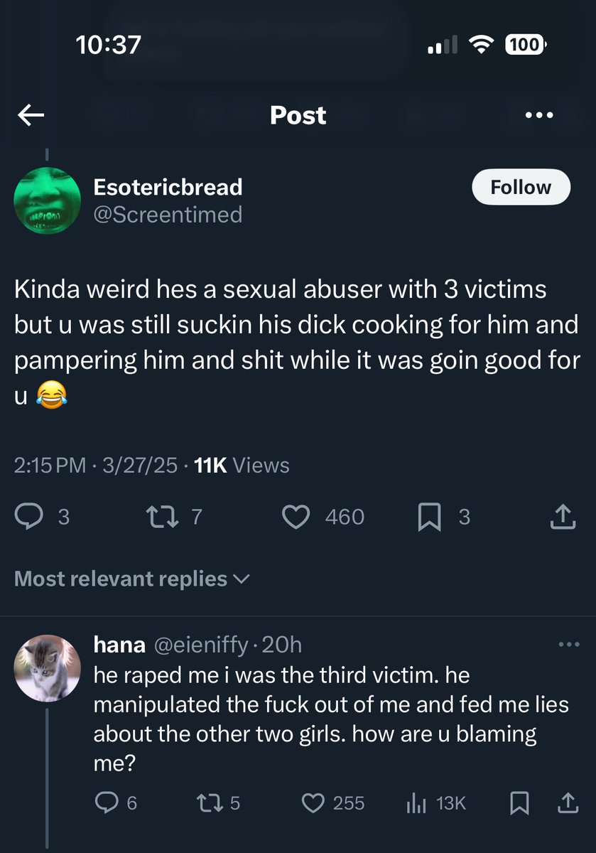 __OhAces's tweet photo. @Madam_Stardust How when she says there were 2 victims before her and she was his third? all his friends cut him off and she stayed? https://t.co/WHexzm66BI