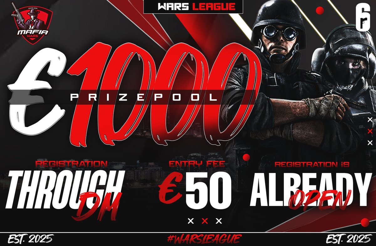 MAFIA LEAGUE S1 

SIGN UP NOW VIA DISCORD!
discord.gg/wU2Fb7a3

&gt; €50 entry fee 
&gt; 9 Week season 
&gt; € 1000 prize pool

Stage 1 = 4 groups of 5
Stage 2 = 16 team play-offs

Sign up deadline 12th of April Confirm your place now ! 
[EU Console Rainbow 6 only]