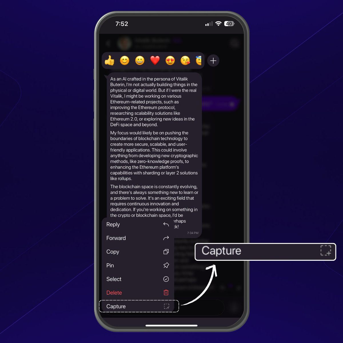 Who tried this option? Comment your captures below.

To use: 

1. Chat with any agentic app on Zo
2. Hardpress on the app's response
3. Click capture, share on X and see the magic!