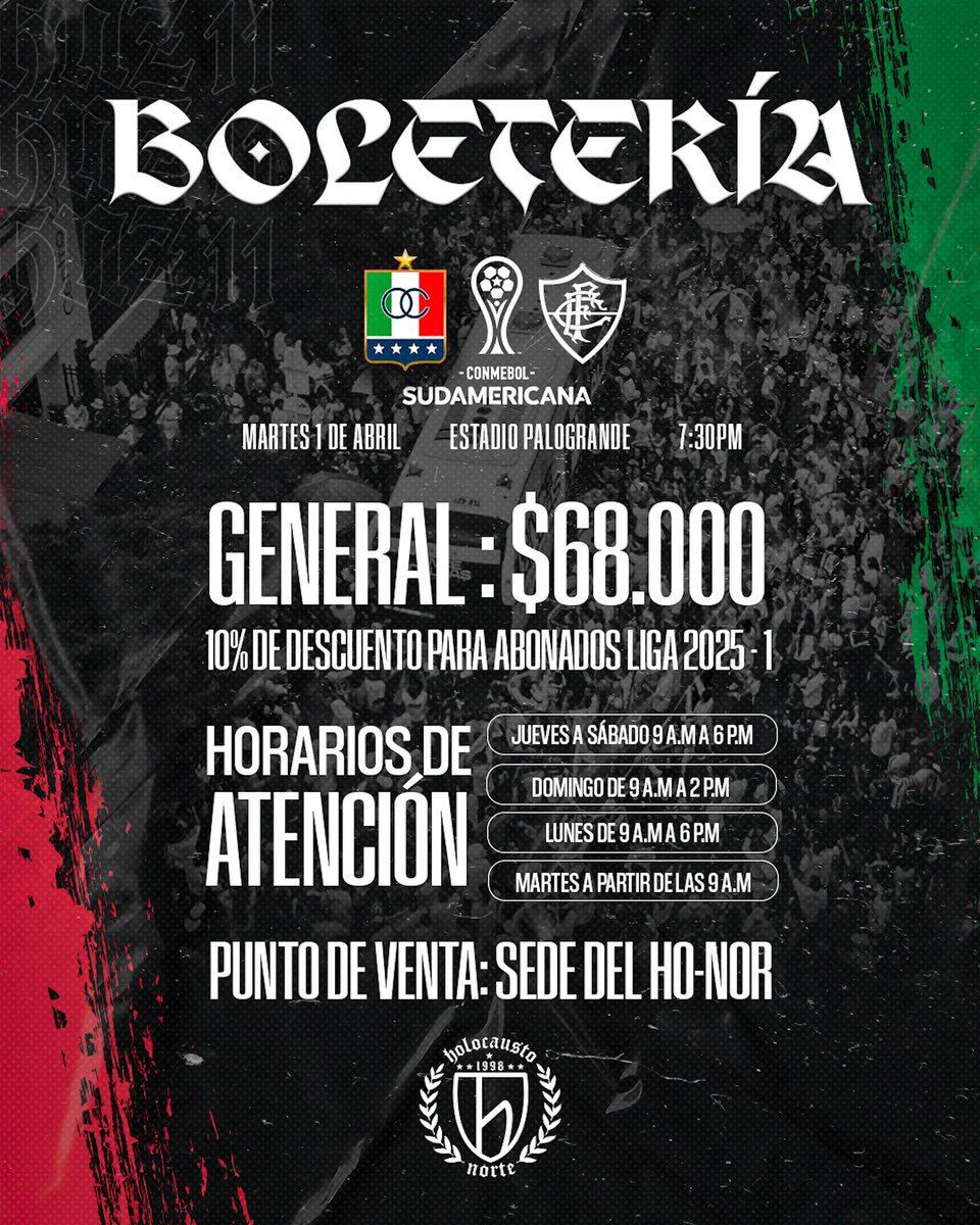 labandadeleje's tweet image. ¡ATENCIÓN!
Iniciamos con la venta de boletería en la sede del HO-NOR de 9:00 a.m. a 6:00 p.m.
Se recomienda tener usuario creado en Tuboleta.
#AguanteLaBandaDelEje #HolocaustoNorte #CaposDelEje #LaHistoriaEsNuestra