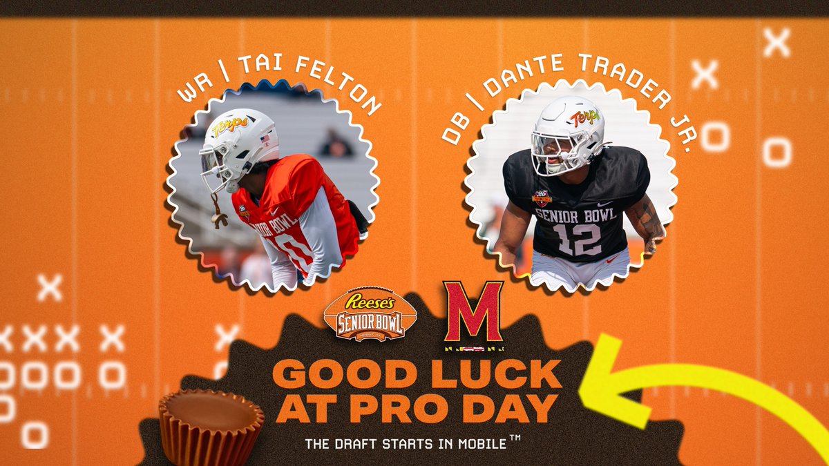 Reese's Senior Bowl (@seniorbowl) on Twitter photo Good luck to our Terrapins today that are expected to compete at <a href="/TerpsFootball/">Maryland Football</a> Pro Day!
🐢Tai Felton <a href="/Taifelton/">T10</a>
🐢Dante Trader Jr. <a href="/DizzyDante/">Dante Trader Jr.</a>
#thedraftstartsinmobile Good luck to our Terrapins today that are expected to compete at <a href="/TerpsFootball/">Maryland Football</a> Pro Day!
🐢Tai Felton <a href="/Taifelton/">T10</a>
🐢Dante Trader Jr. <a href="/DizzyDante/">Dante Trader Jr.</a>
#thedraftstartsinmobile