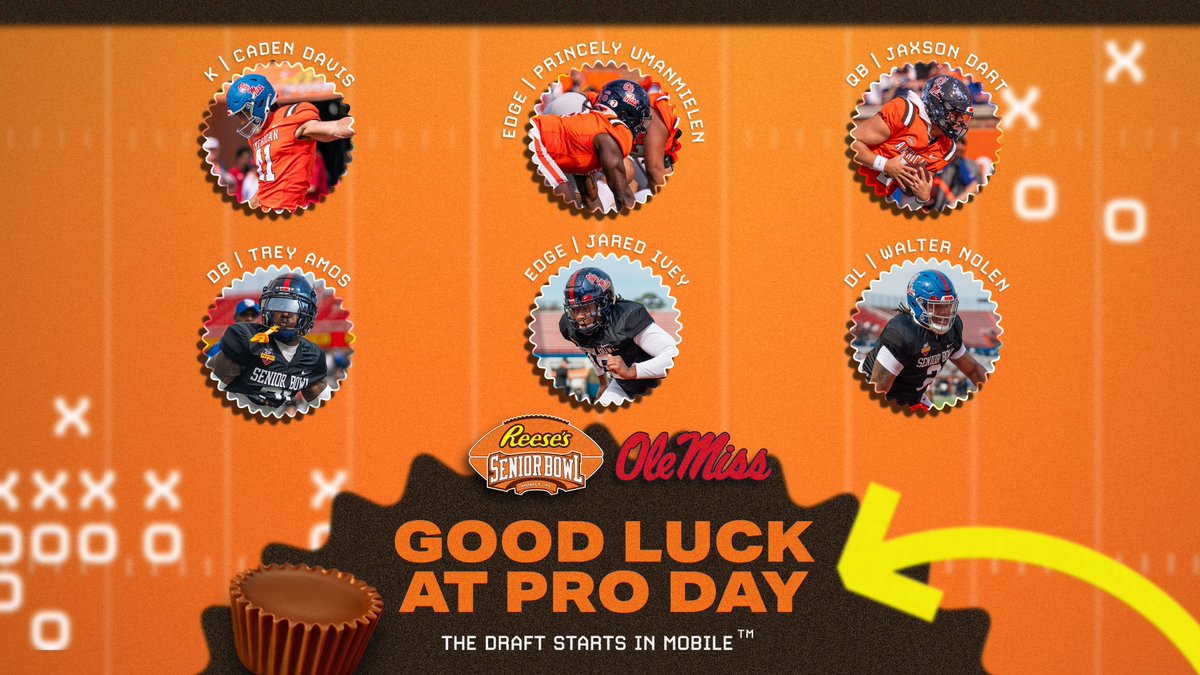 Reese's Senior Bowl (@seniorbowl) on Twitter photo A host of Senior Bowlers expected to compete today in Oxford for <a href="/OleMissFB/">Ole Miss Football</a> Pro Day!! 🦈
🔴Caden Davis <a href="/_cadendavis/">Caden Davis</a>
⚪️Princely Umanmielen <a href="/d1princely/">Princely Umanmielen</a>
🔵Jaxson Dart <a href="/JaxsonDart/">Jaxson Dart</a>
🔴Trey Amos
⚪️Jared Ivey <a href="/jared_ivey1595/">JI5</a>
🔵Walter Nolen <a href="/WalterNolenIII/">Walter Nolen</a>
#thedraftstartsinmobile A host of Senior Bowlers expected to compete today in Oxford for <a href="/OleMissFB/">Ole Miss Football</a> Pro Day!! 🦈
🔴Caden Davis <a href="/_cadendavis/">Caden Davis</a>
⚪️Princely Umanmielen <a href="/d1princely/">Princely Umanmielen</a>
🔵Jaxson Dart <a href="/JaxsonDart/">Jaxson Dart</a>
🔴Trey Amos
⚪️Jared Ivey <a href="/jared_ivey1595/">JI5</a>
🔵Walter Nolen <a href="/WalterNolenIII/">Walter Nolen</a>
#thedraftstartsinmobile