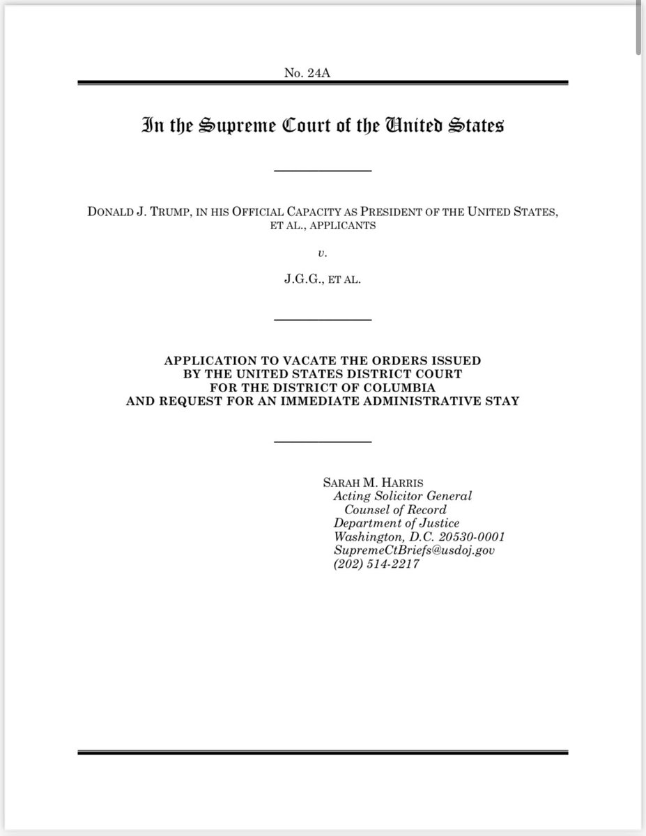 SCOTUSblog's tweet image. BREAKING: The Trump administration asks the Supreme Court to step in to Alien Enemies Act dispute and allow deportation