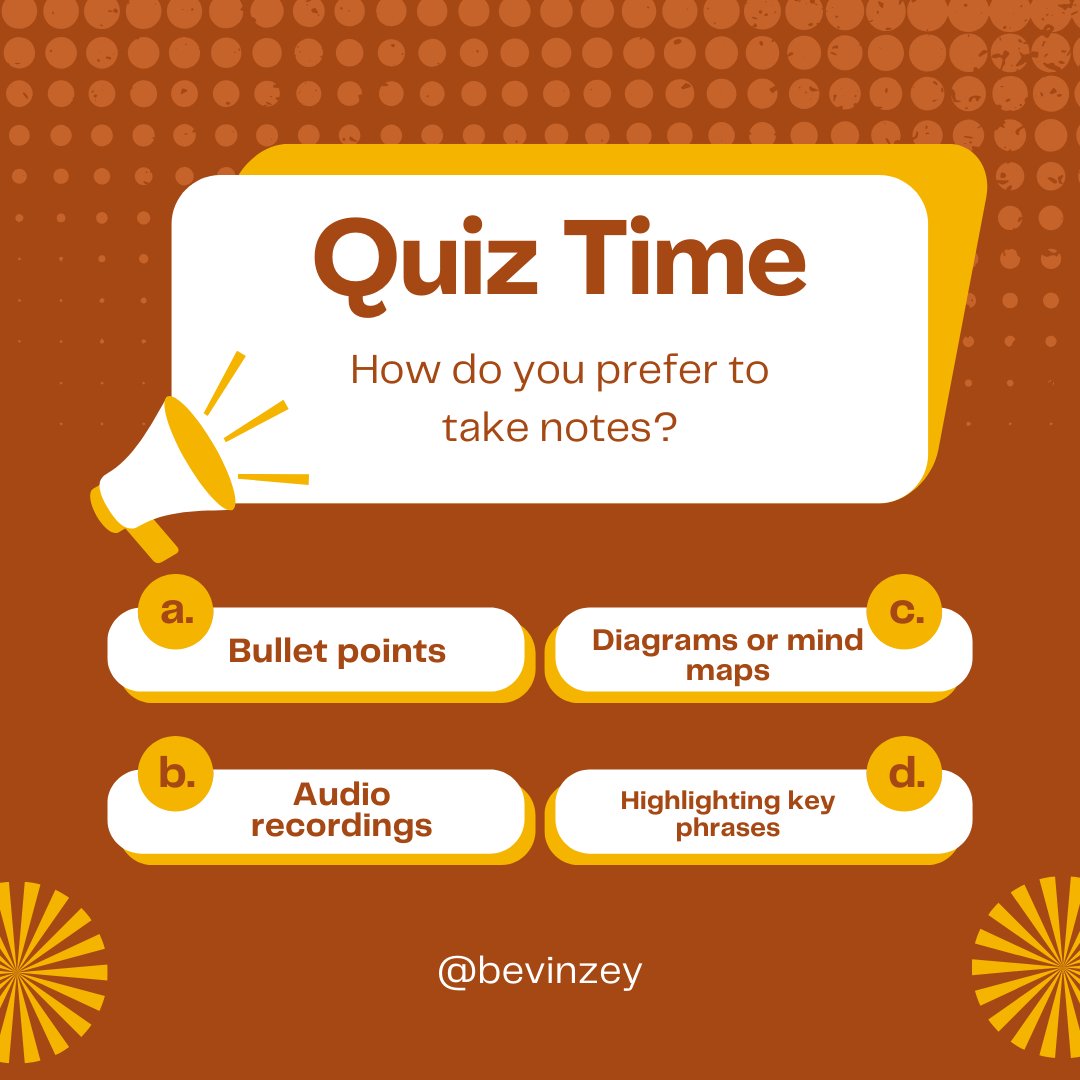 bevinzey's tweet image. How do you take notes?
Your note-taking style can make or break your learning process! Which method helps you the most?
💬 Drop your answer in the comments! ⬇️
#notetaking #learninghacks #productivitytips #studybetter #smartstudy #bevinzey