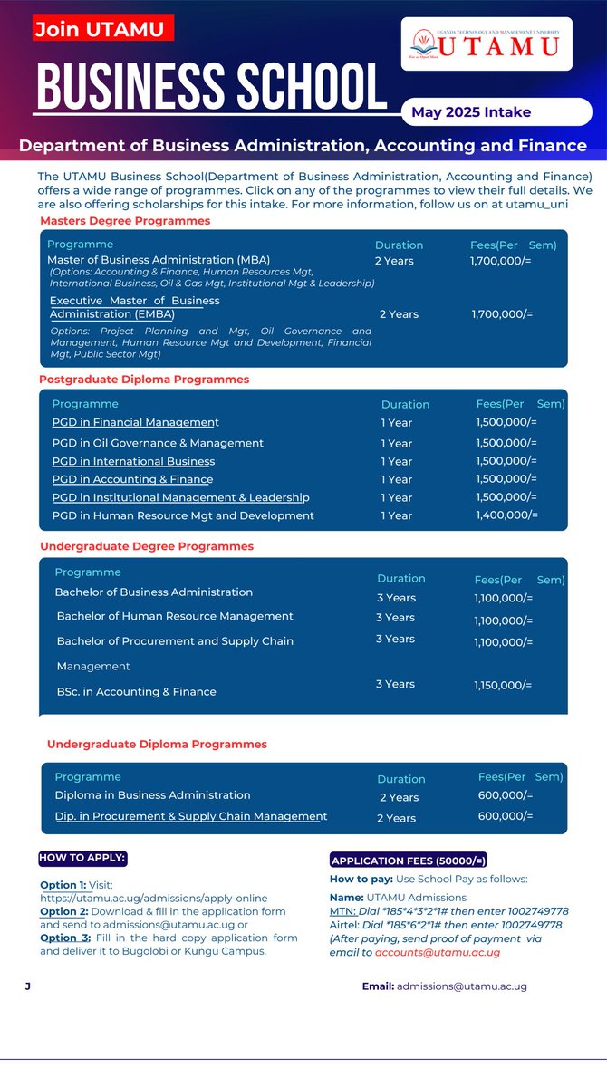 Accountancy is a profitable course that opens doors to diverse career opportunities in finance, management, and consultancy.

Make a positive impact on society by driving financial transparency and economic growth. 

Graduate link: utamu.ac.ug/admissions/app………