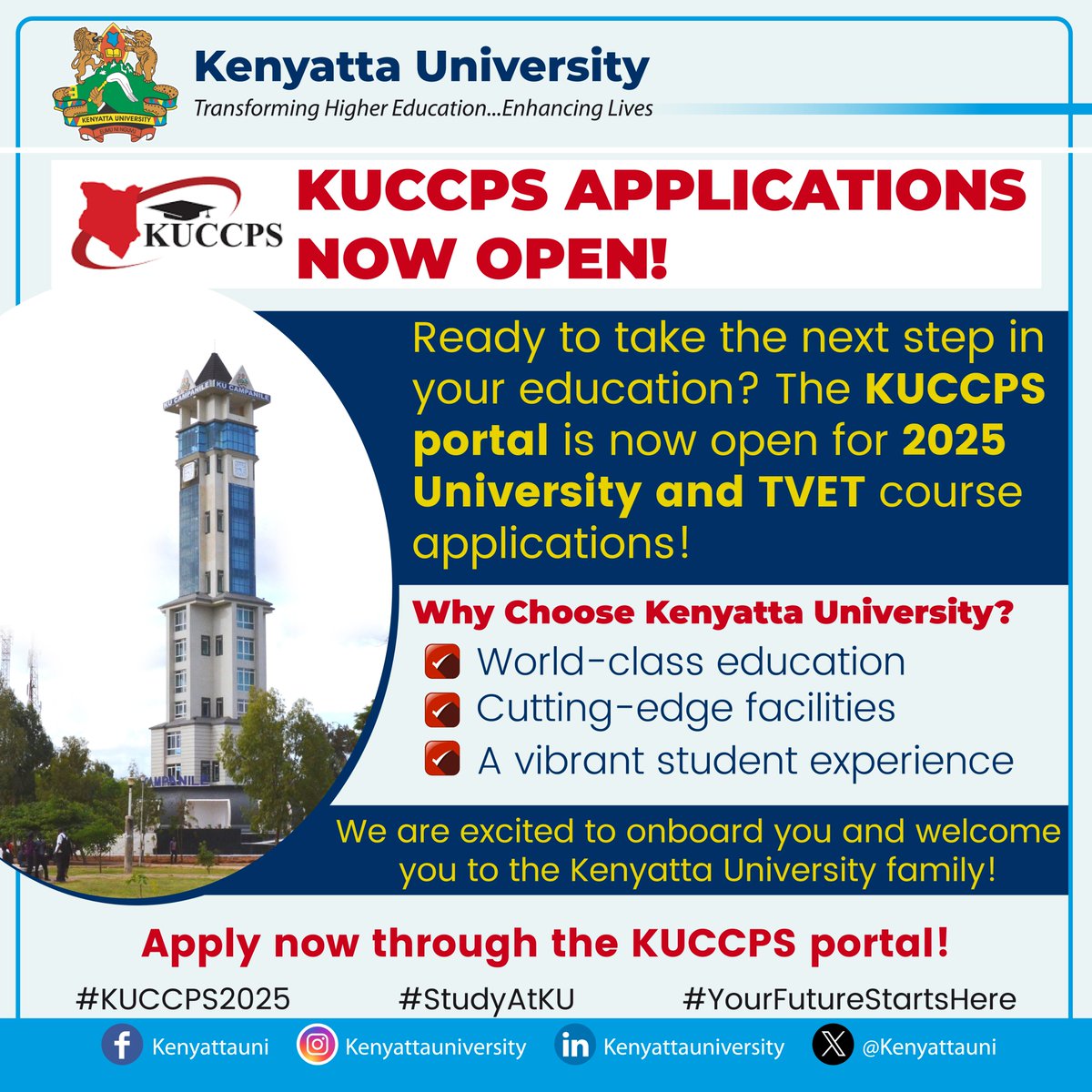 KenyattaUni's tweet photo. KUCCPS APPLICATIONS NOW OPEN #KUCCPS2025 #StudyAtKU #YourFutureStartsHere Welcome to Kenyatta University https://t.co/vKEoFlvsFy
For guidance Contact us at: https://t.co/CBu3EG77yZ @KUCCPS_Official https://t.co/vkuQqXXCXN