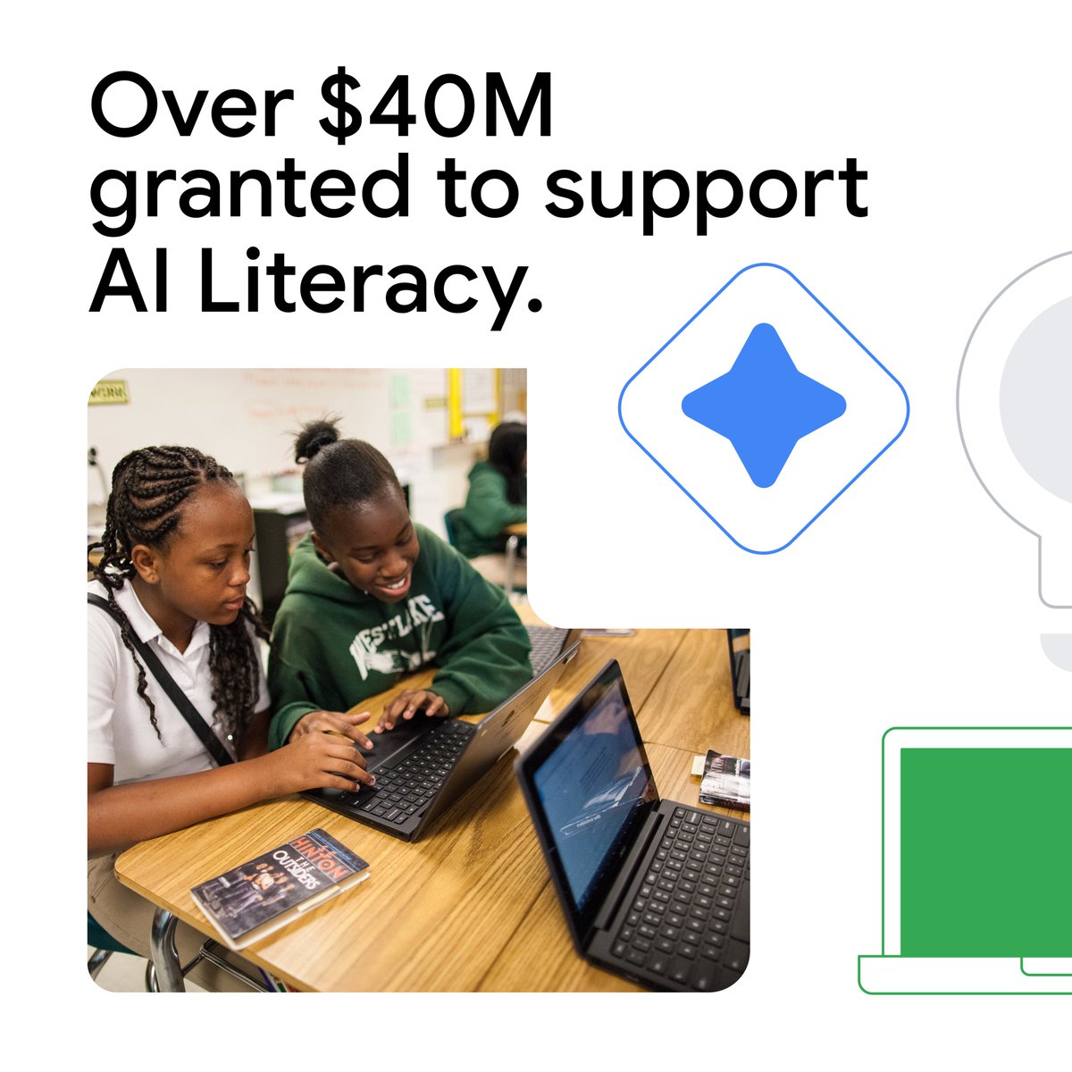 Googleorg's tweet image. #AILiteracy empowers students for the future, and @MITRAISE is working to create accessible AI resources for K-12 teachers. A new $1M grant to support their work brings our total recent funding in AI literacy to over $40M. Learn more → blog.google/outreach-initi…