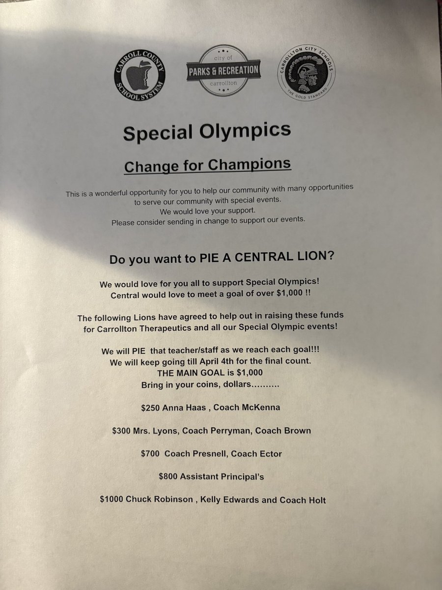 Calling all Lions!!! 
Change of Champions !!
Do you want to PIE A CENTRAL LION!!
Here is your chance!!
Help us reach our goal of $1000
Bring your coins, dollars, Checks…..