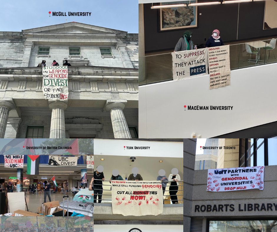occupyuoft's tweet image. This month, students at McGill, MacEwan, UBC, York, and UofT joined together to do banner drops as a show of solidarity against their administrations' complicity in genocide and occupation. The students united will never be defeated.