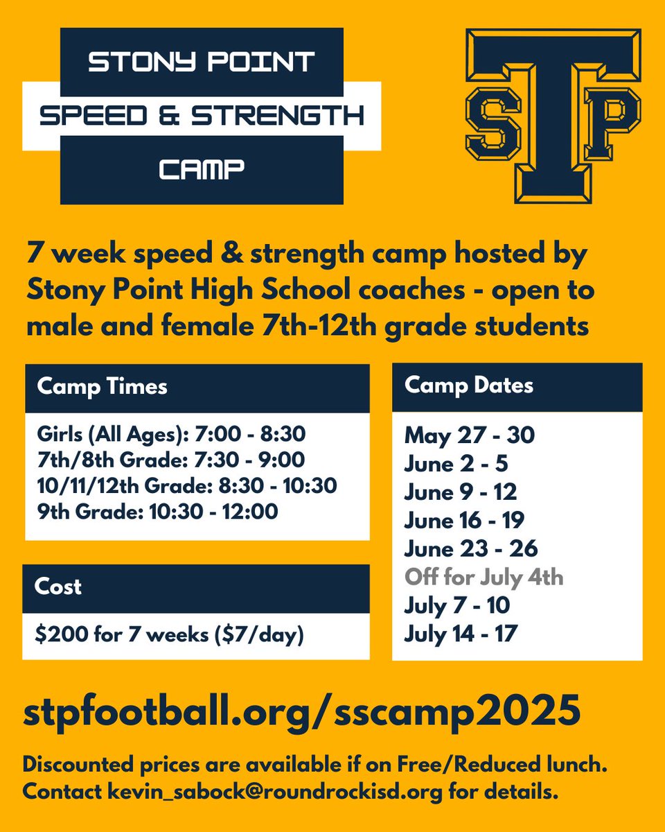 Stony Point Football Booster Club (@stpfootballbc) on Twitter photo SUMMER 2025 | Speed & Strength Camp |
Registration is now live through RRISD!
Learn more & register:
🔗 stpfootball.org/sscamp2025
✨ Discount available for free/reduced lunch. You’ll need the code to register, so please reach out to Coach Sabock at kevin_sabock@roundrockisd.org SUMMER 2025 | Speed & Strength Camp |
Registration is now live through RRISD!
Learn more & register:
🔗 stpfootball.org/sscamp2025
✨ Discount available for free/reduced lunch. You’ll need the code to register, so please reach out to Coach Sabock at kevin_sabock@roundrockisd.org
