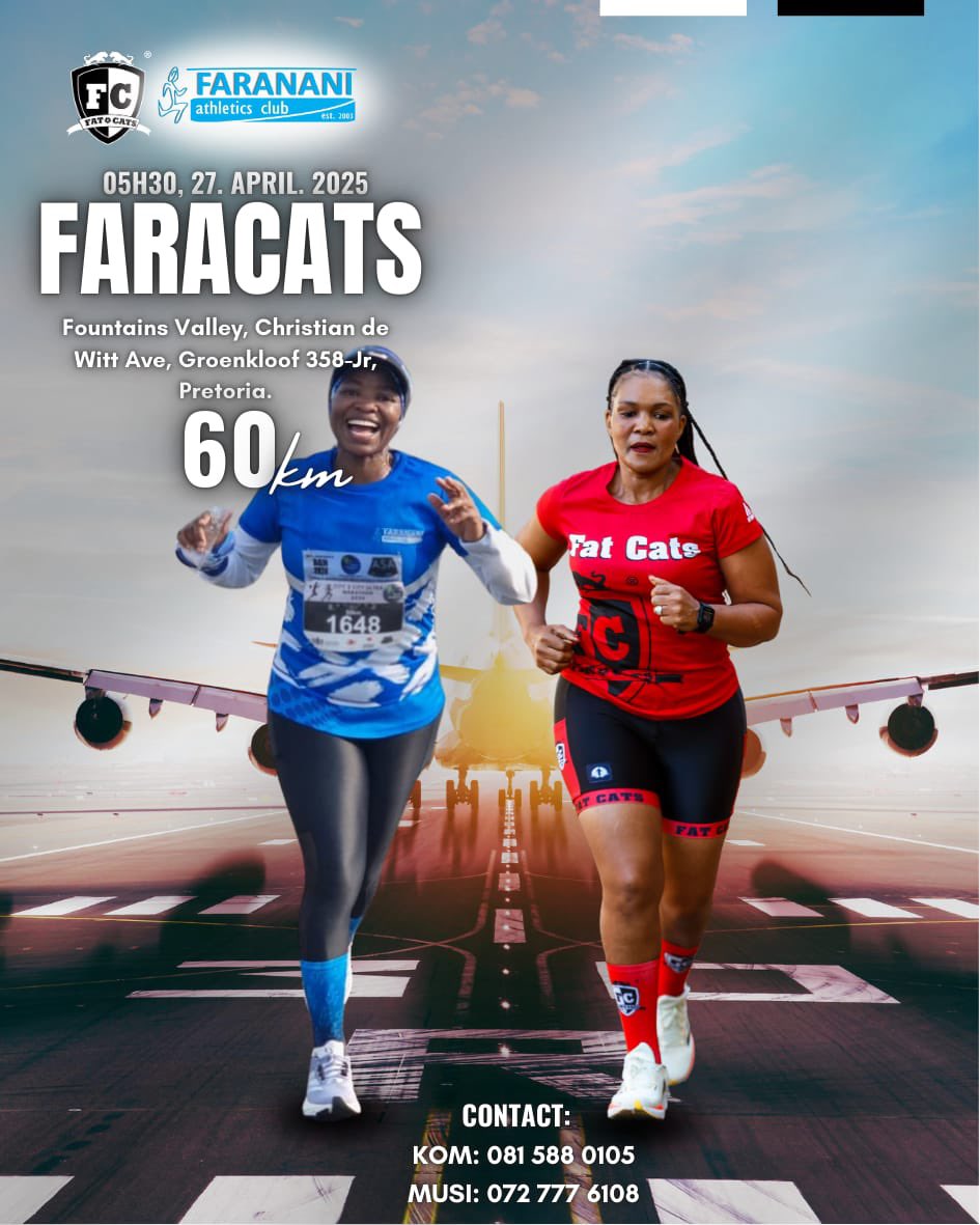 fatcats_ac's tweet photo. 📢 Registration Now Open for the FaraCats Long Run!

Fat Cats AC and Faranani AC invite you to join us for the FaraCats Long Run, the perfect preparation for the 2025 Comrades Marathon!

🔹 Date: Sunday, 27 April 2025
🔹 Time: 05:30am
🔹 Venue: Fountains Valley, Christian de Witt, Groenkloof, Pretoria
🔹 Entry Fee:
 ✅ FREE for Fat Cats & Faranani members 
 💰 R180 for non-members 

Whether you’re a seasoned runner or gearing up for your first Ultimate Human Race, this long run will help you test your endurance and build confidence for race day. 

Register now on the link below and let’s hit the road together. 

https://t.co/5SHJLnaaZn

#FaraCats
#FatCatsAC 
#FarananiAC