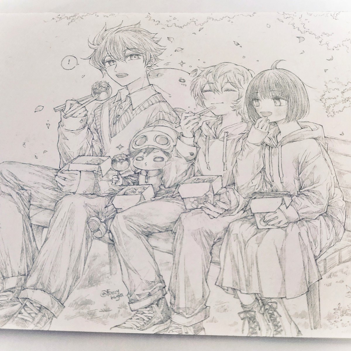 FuzzyKuga's tweet photo. #一起吃炸彈燒~🐙✨
陽太郎：這嘴巴塞得下嗎...？
遊真：已經吃下啦~~(๑´ڡ`๑)
雷神丸：也分我一點...
修斯：？！
千佳： (˶ᵔᗜᵔ˶)（看著大家很開心~

*沒畫好不好意思...但是還是想發這張一下˙ᗜ˙; https://t.co/51nnpmyHnw