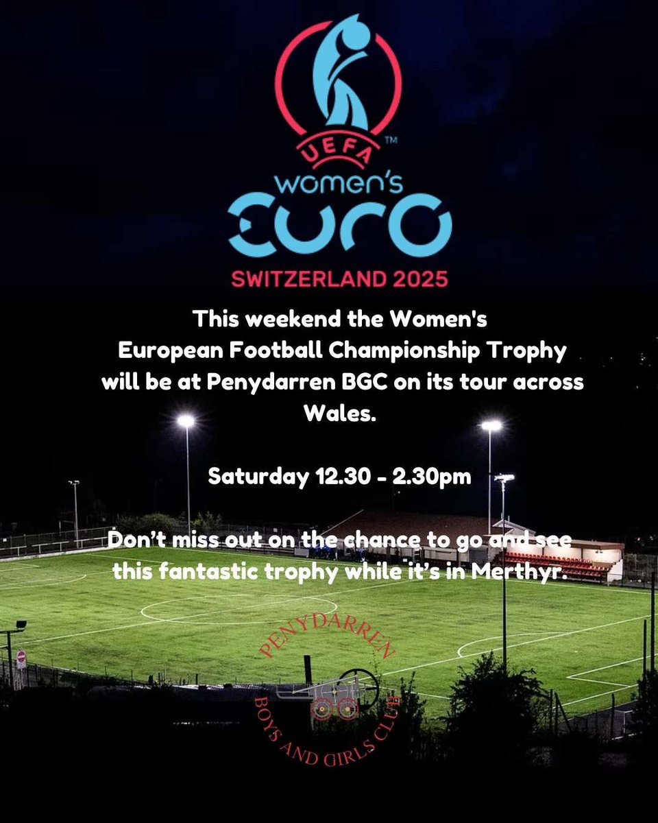 Very exciting Saturday at The Bont! 🚂⚪️⚫️

Come along and see the Women’s European Football Championship Trophy from 12:30-2:30 🏆

Don’t miss out on this fantastic opportunity while the trophy is in Merthyr ‼️