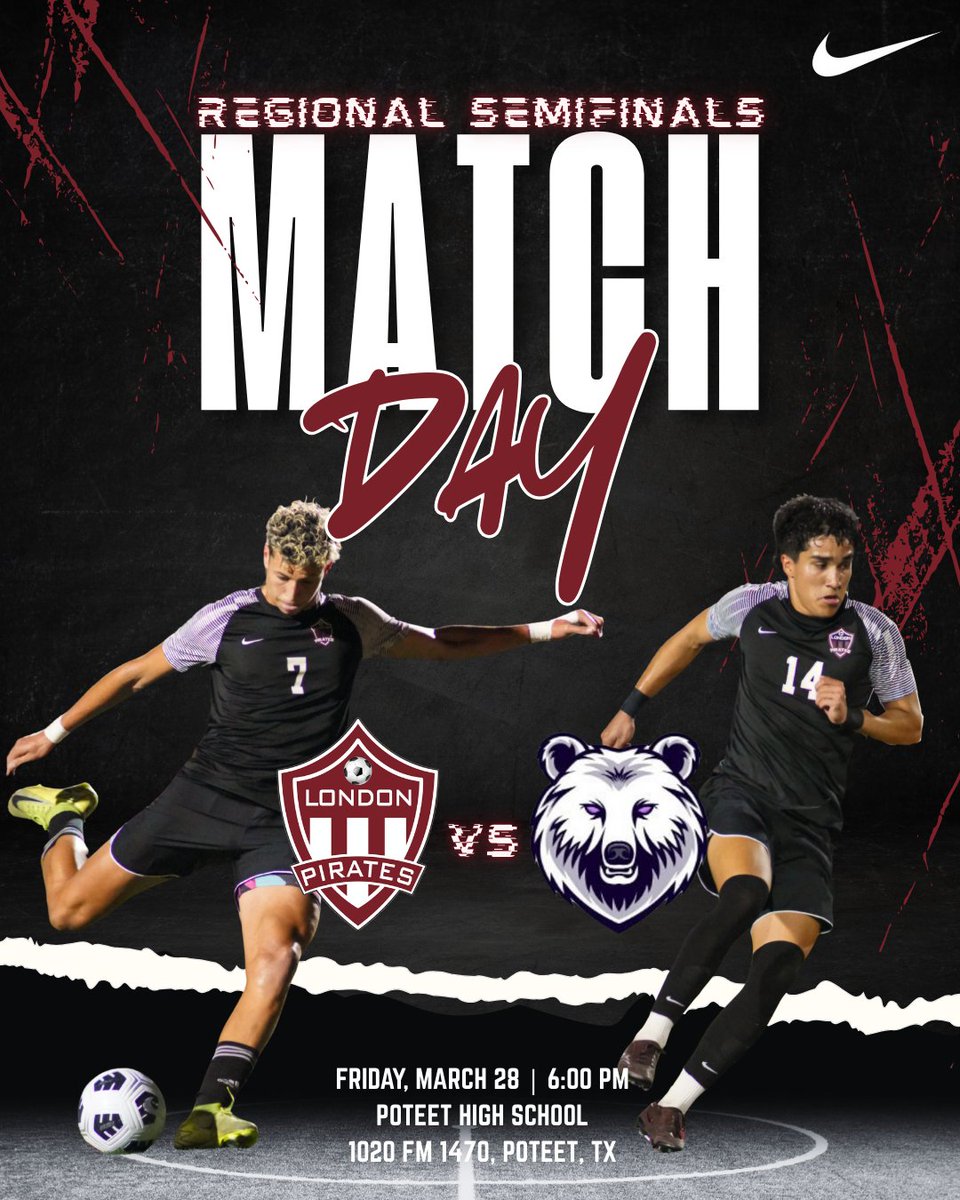 REGIONAL SEMIFINALS 🏴‍☠️⚽️
6 PM | POTEET HS
1020 FM 1470, Poteet, TX 
poteetaggies.eventmania.com

#LHSPirateSoccer 

<a href="/cclondonpirates/">London</a> <a href="/LISDPirates/">LondonISD</a> <a href="/LondonBooster/">LABC</a>
