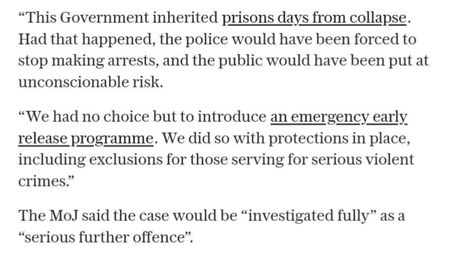 The power of the state could have been used - STILL CAN - to build prisons at speed or designate suitable sites as emergency prisons.

Inheriting a crisis doesn't give license to make a new one. There are solutions better than early release!

Complete, systemic failure.