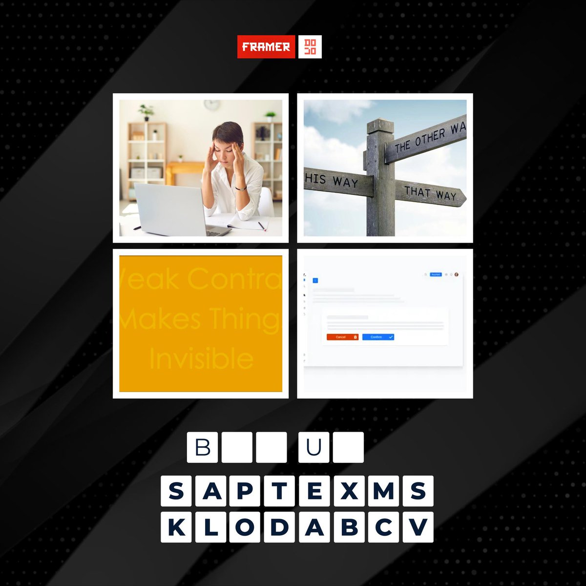 framerdojo's tweet photo. Itβs Game Time @framerdojo
Letβs test your design skill! π¨π‘
Guess the hidden word! π€
Drop your answer in the comments!
PS: First 3 correct answers gets a reward
#designgame #gamification #fourpicsoneword #uiuxdesigner #webdesigners #games #explorepage https://t.co/jt1GryMEfP