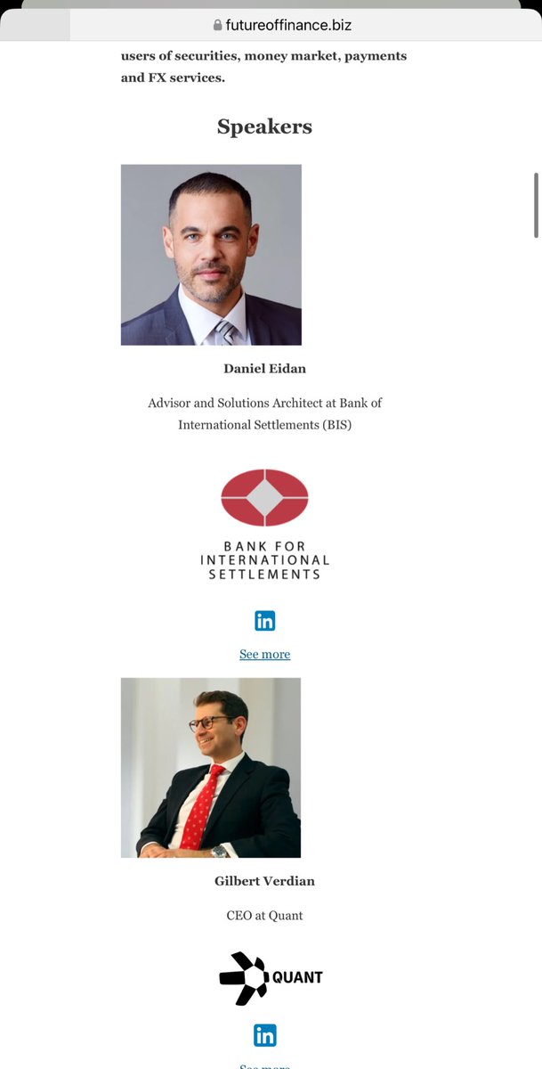 UPCOMING 🚨:

$QNT on stage talking about AGORA (7 central banks + 41 FI) and MBRIDGE🔥 

🤝with VISA, Alexandre Kech (well known from SDX) and CLS

Other speakers at the future of finance event include:
✅BIS
✅Central Bank of Germany 🇩🇪
✅Citi
✅Fidelity
✅Lloyds
✅EY
✅R3