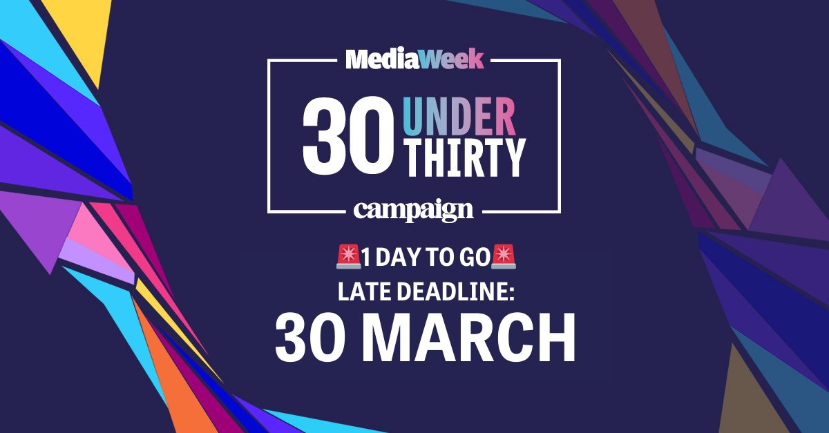 🚨 1 DAY LEFT to enter the Media Week 30 Under 30 Awards! 🚨
Nominate passionate, creative, and brilliant young professionals in media before 23:59 (GMT) on Sunday 30 March. Don't miss out!
Submit now ➡ bit.ly/4h0Vf4L #MediaWeek30Under30Awards