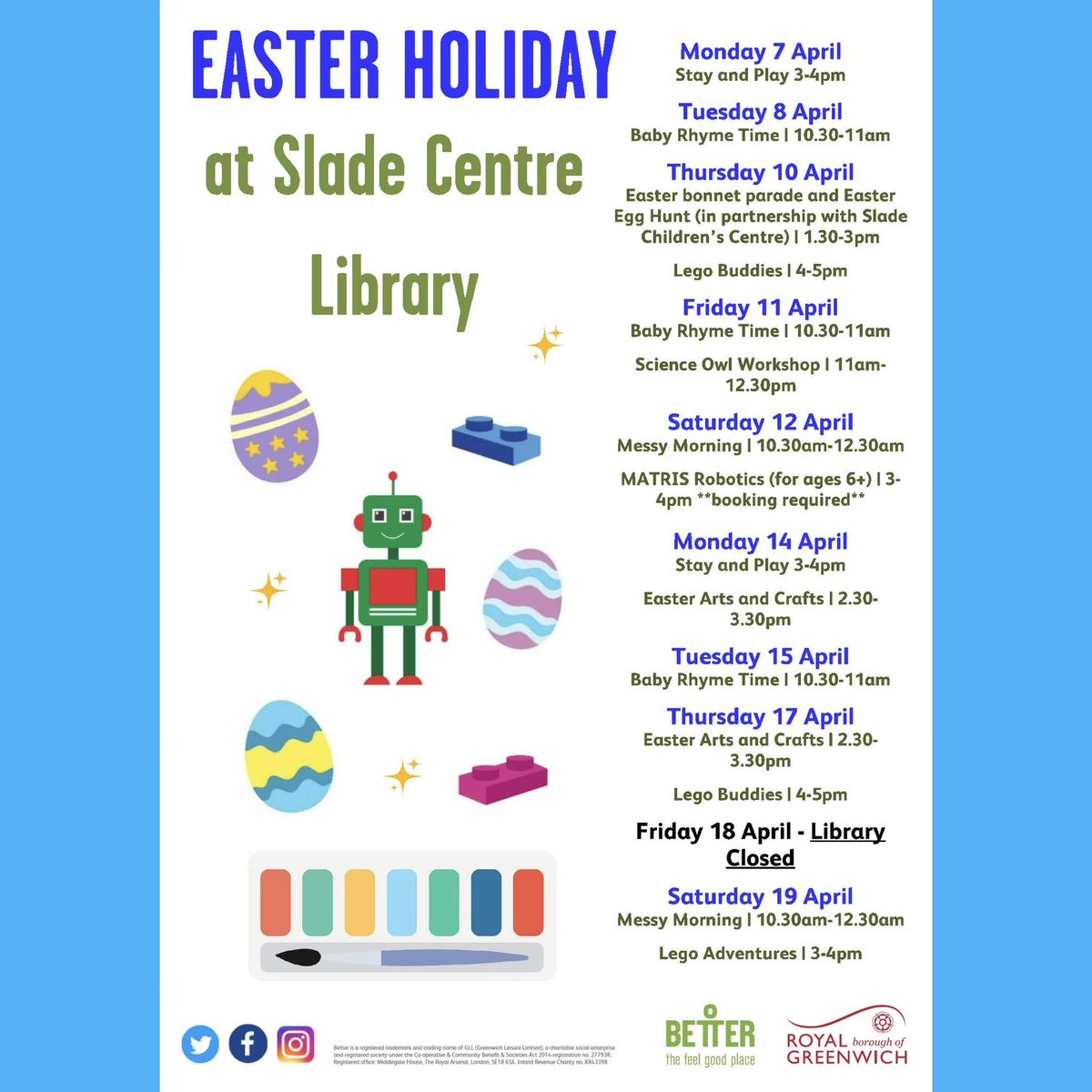 GreenwichLibs's tweet image. We’re excited for the upcoming Easter Holidays at #SladeLibrary! 🐣 Join the fun and free activities including stay and play, arts and crafts, an Easter bonnet parade, Easter egg hunt, Lego buddy adventures, STEM workshops and more! 📚 #LoveYourLibrary