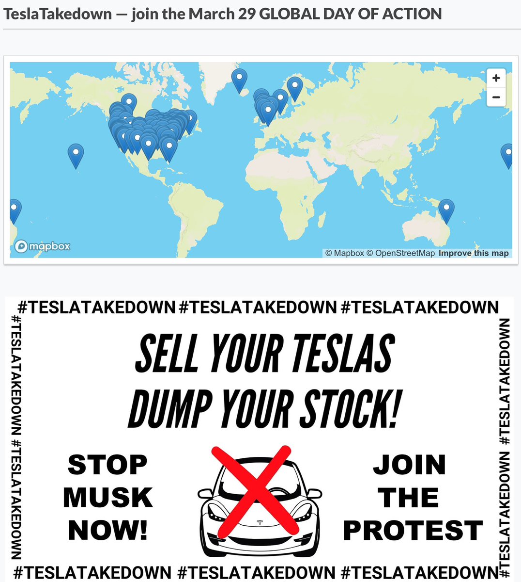 ablueview's tweet image. Worldwide Tesla Dealer Protests Tomorrow! #ABlueView🧵1/3
The global #TeslaTakedown is tomorrow. Please find one & bring friends! tinyurl.com/7nae7hc5.
The last image is a poster for the event; find many more at: tinyurl.com/yc4msnc8
#BoycottTesla #BoycottTeslaBatteries