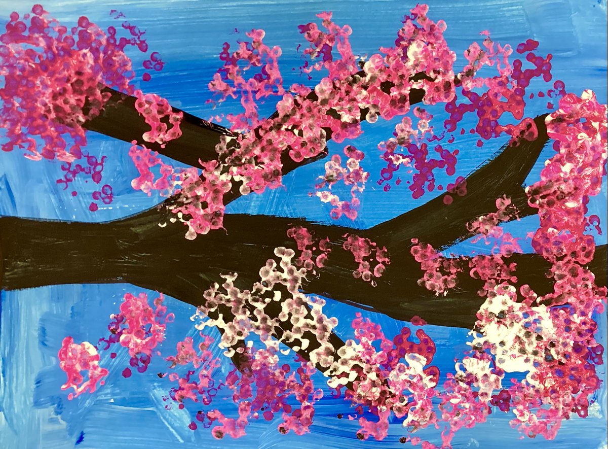Rise artists painted cherry blossoms and are ready for spring! Each learner chose the type of branch they wanted and then painted it in black.  Then each individual used Q-tips as a stamp to create the texture.🎨🌸🌼🌷🪷 <a href="/MineolaMS/">Mineola Middle School</a> <a href="/MineolaFineArts/">MineolaFineArts</a>