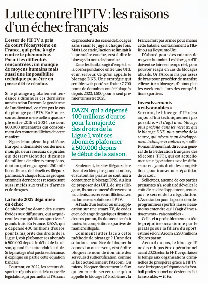 Philippe DEWOST (@pdewost) on Twitter photo Avez-vous un IPTV ? Savez-vous comment il fonctionne ? L'utilisez-vous avec des contenus légaux ou avez-vous déjà essayé de franchir la ligne ?
Vous l'aurez compris, le piratage, c'est (aussi) de la Tech.
Analyse LinkedIn complète - linkedin.com/posts/pdewost_… <a href="/LesEchos/">Les Echos</a> <a href="/LFPfr/">Ligue de Football Professionnel</a> Avez-vous un IPTV ? Savez-vous comment il fonctionne ? L'utilisez-vous avec des contenus légaux ou avez-vous déjà essayé de franchir la ligne ?
Vous l'aurez compris, le piratage, c'est (aussi) de la Tech.
Analyse LinkedIn complète - linkedin.com/posts/pdewost_… <a href="/LesEchos/">Les Echos</a> <a href="/LFPfr/">Ligue de Football Professionnel</a>