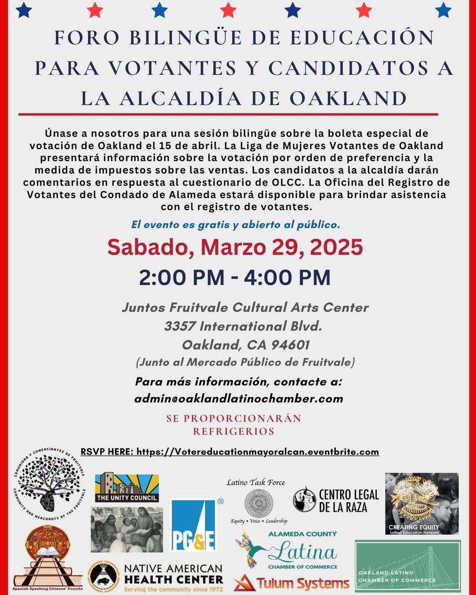 Victory4Oakland's tweet photo. Mail voting has started and special Election Day is April 15 to choose a new Mayor, D2 Councilmember, and tax Measure A. There’s still time to hear from candidates to inform your decision including a bilingual forum on Saturday in the Fruitvale.
#VictoryforOakland https://t.co/Mmmj64HiRj