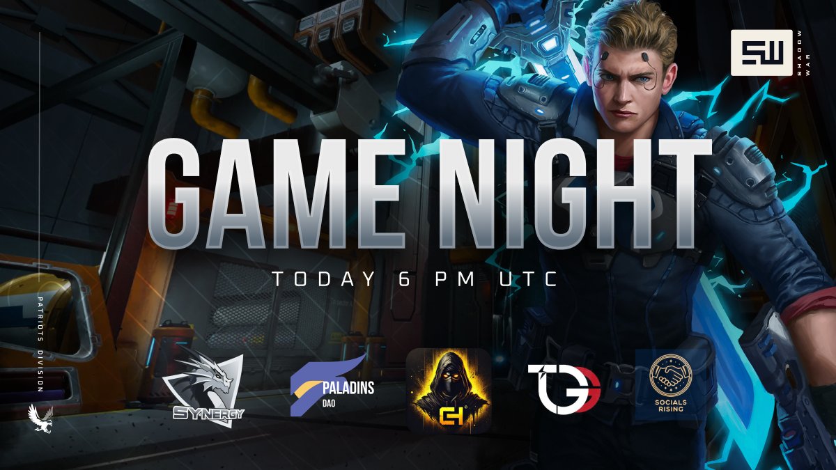 PlayShadowWar's tweet photo. Shadow War Game Night 🎮

LIVE at 6PM UTC – and you’re invited.

🔥 5 top guilds are dropping in: @TempestGuild @socialsrising @CHGuild_ @SynergyGuild  @PaladinsDao  and more to be announced! 

🚀 Big updates. Live chat, sneak peeks. Play with the Founders.

➡️ Download now on Steam + join our Discord.
https://t.co/f8YA5lYT7V 

Let’s go.